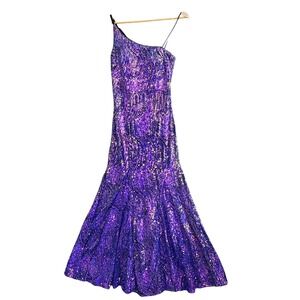 Morgan & Co Sequin Gown Women 7 Purple One Shoulder Iridescent Maxi Mermaidcore